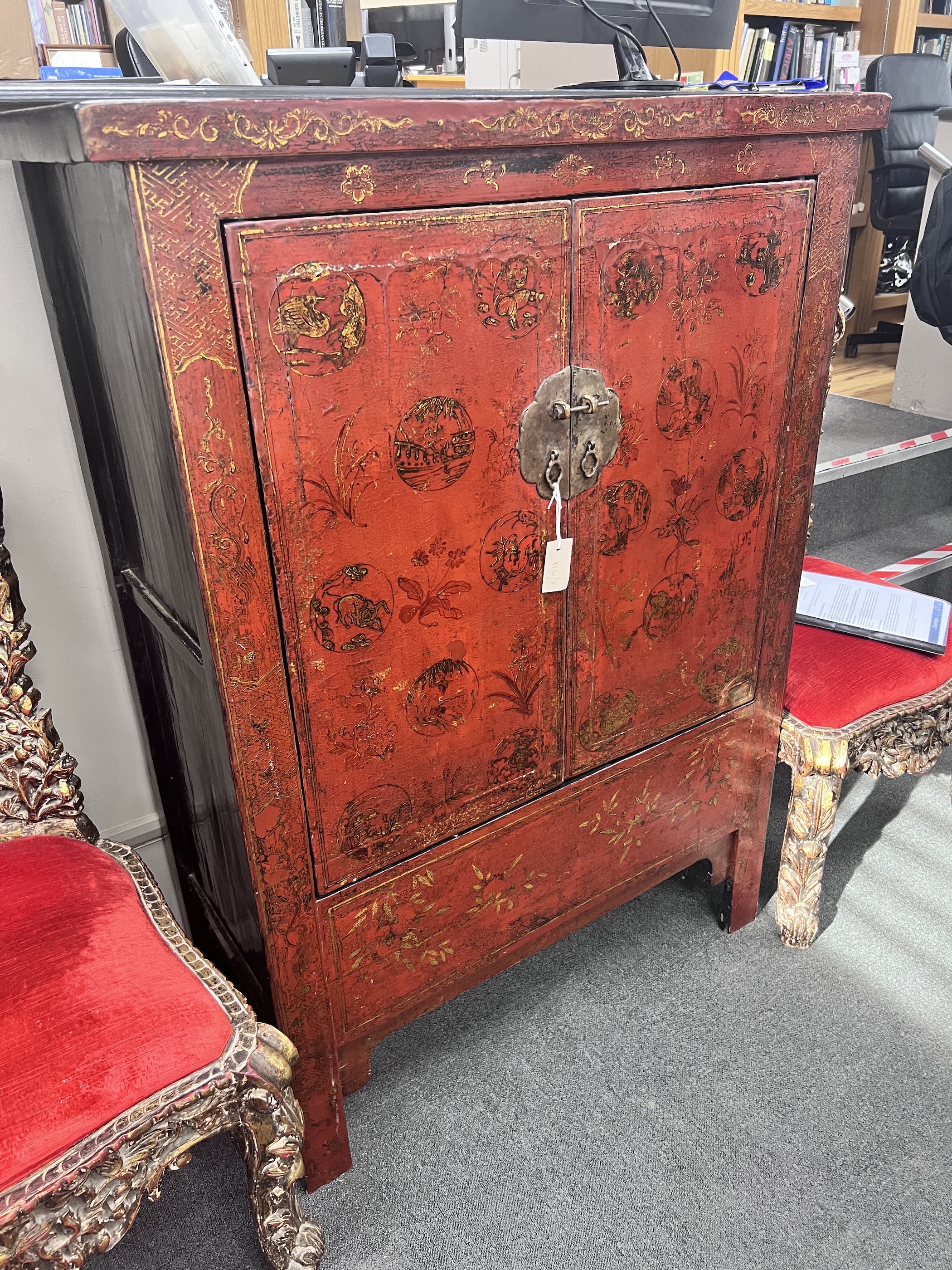 A Chinese lacquer cabinet, width 98cm, depth 46cm, height 137cm